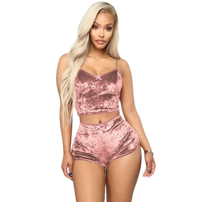 2023 Sexy Woman Two-Piece Pajamas Suit Sets Golden Velvet Sexy V-neck Ladies Lingerie Sets Women Sleepwear Underwear Set Gifts