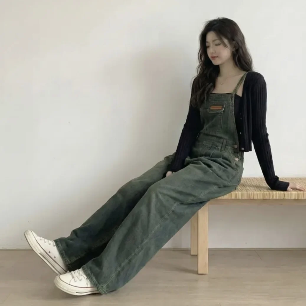 

Новые модные джинсовые комбинезоны 2026 года в стиле ретро: свободные брюки с высокой талией и широкими штанинами, весенние, в корейском стиле, женские повседневные джинсы