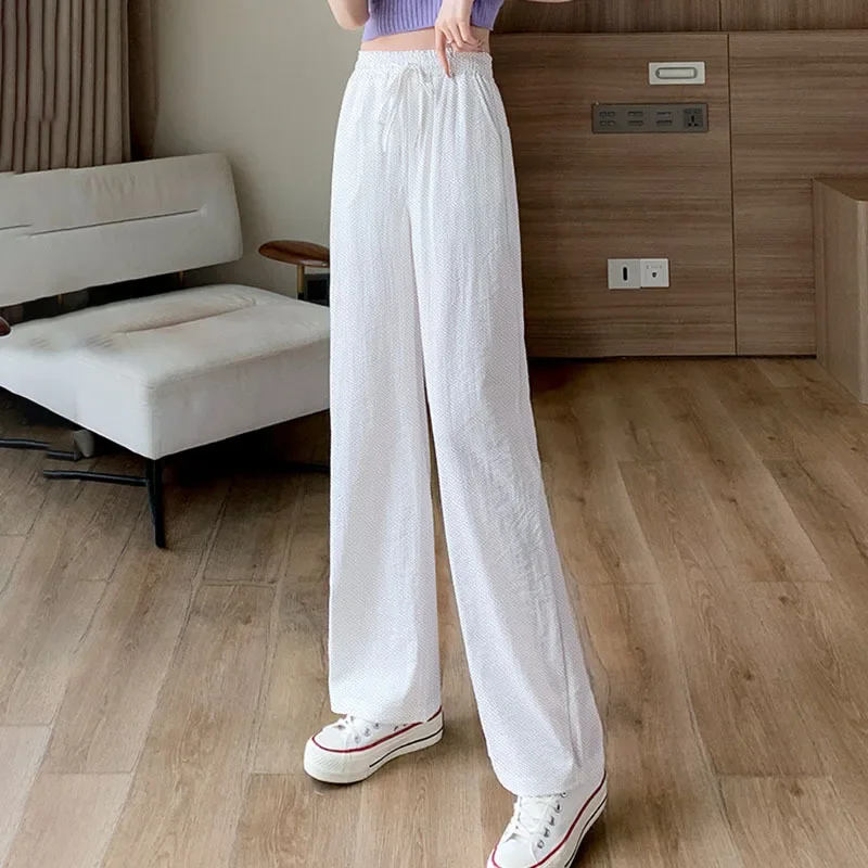 Women Straight Leg Silk Satin Suit Pants Lady Baggy Office High Waisted Trousers Female Elastic Wide Leg Blue Pink Green Slacks