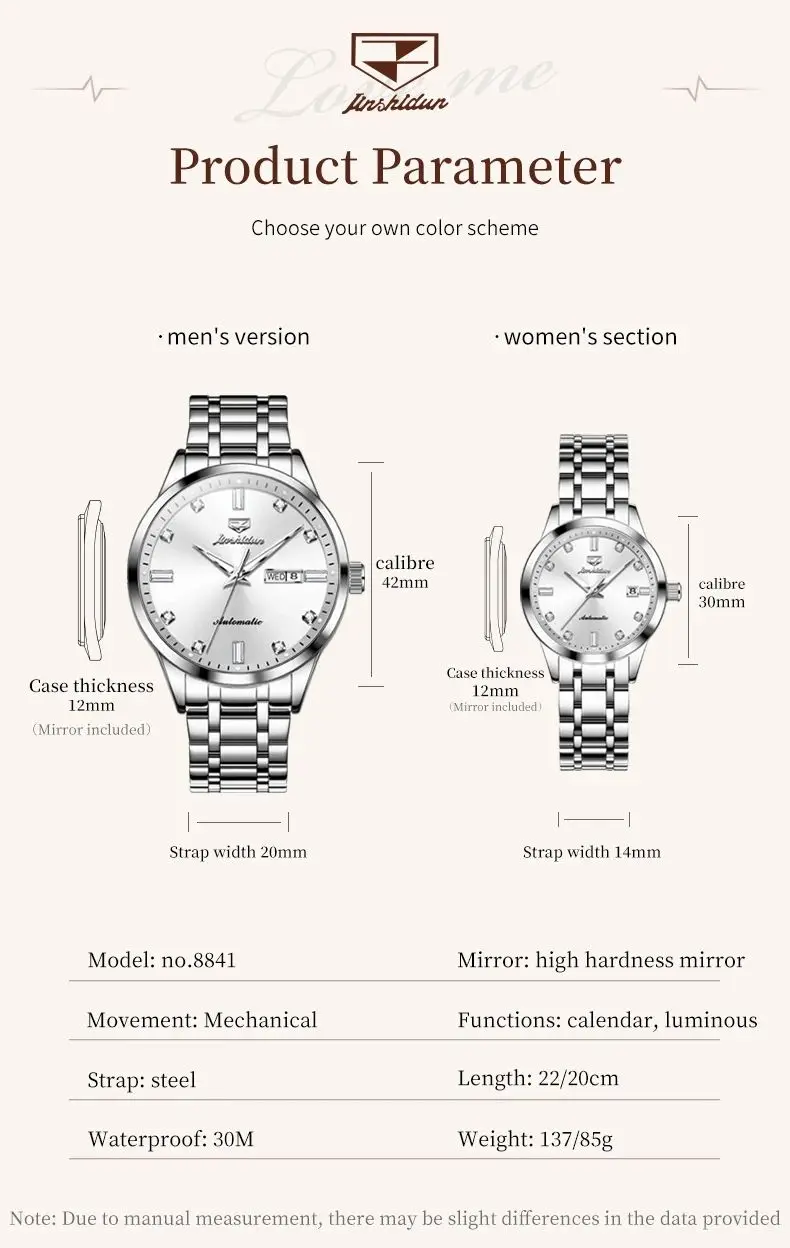 JSDUN 8841 Couple Watches for Men Women Stainless Steel Simple Luxury Dual Calendar Business Automatic Mechanical Wristwatches