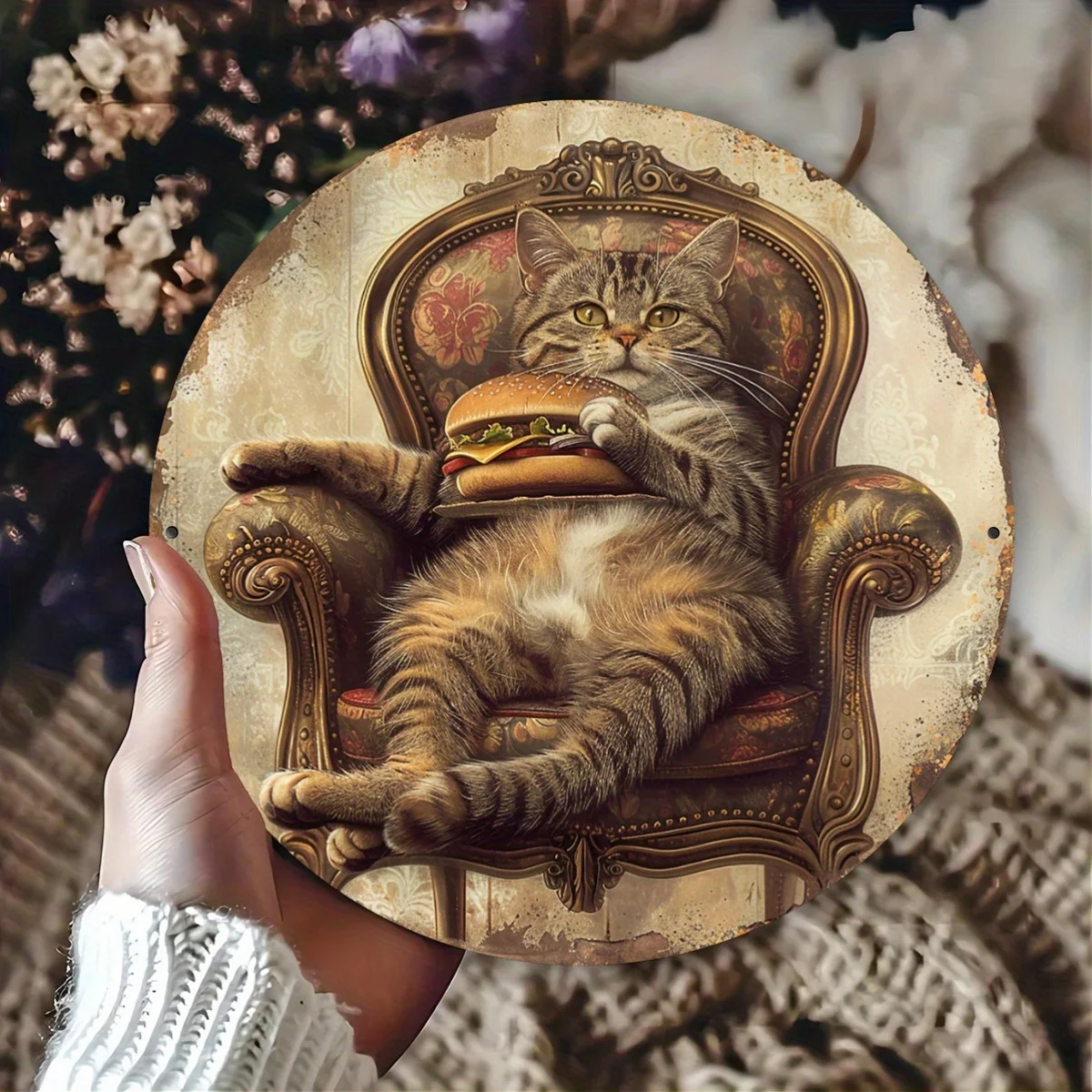 1pc WhimsyCat Vintage Cat with Burger Metal Tin Sign, Aluminum Wall Art, Indoor/Outdoor Decorative Plaque, 8x8 Inch, Ideal for H