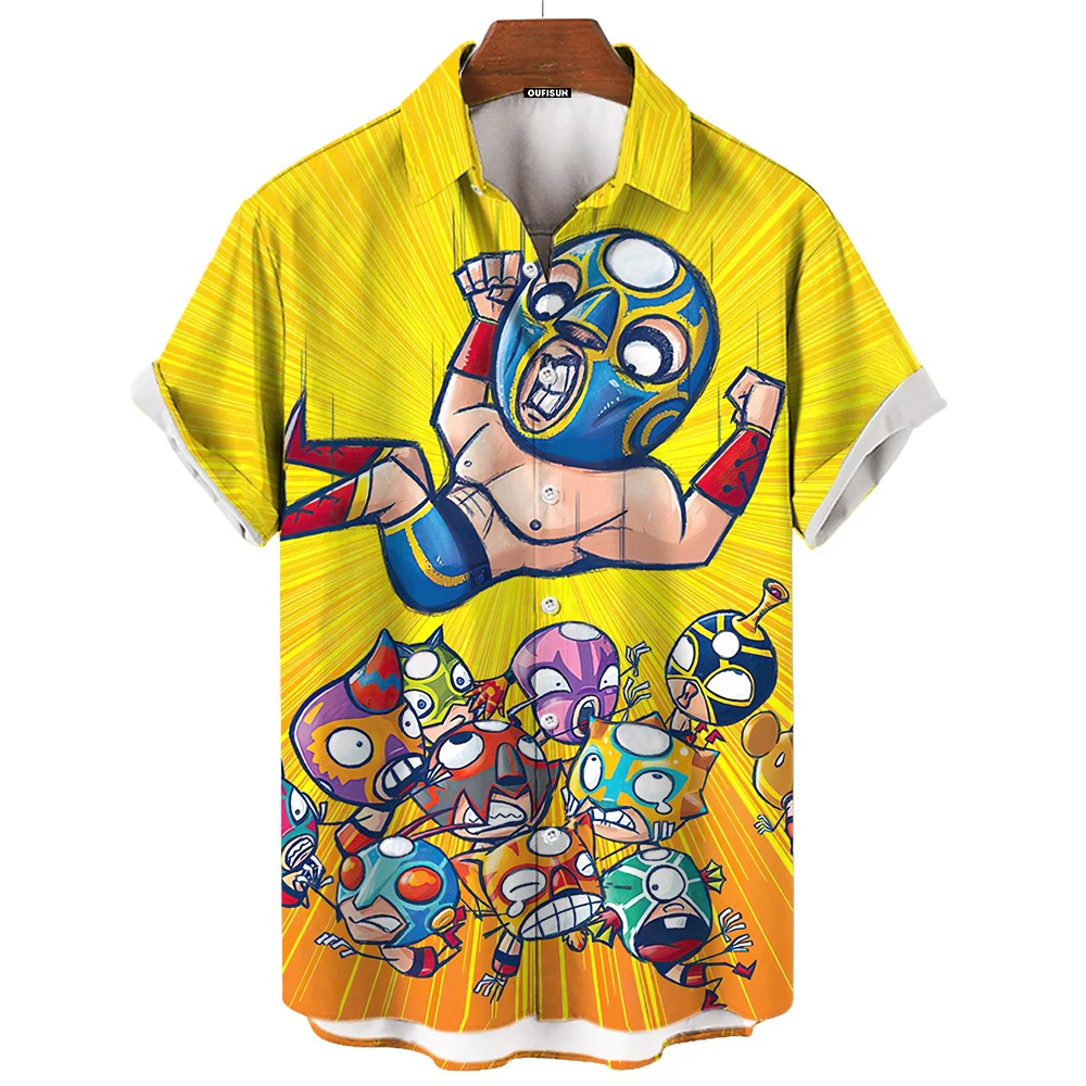 3D printed men\'s shirts 3D Mexican wrestling printed short sleeved shirts Fashion men\'s clothing Loose oversized Hawaiian shirts