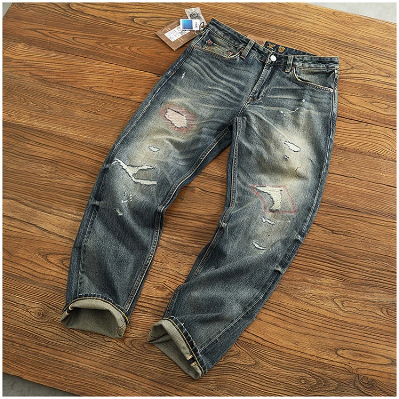 

High-End American High Street Heavyweight Jeans Men Vintage Ripped Patchwork Embroidery Fashion Retro Denim Pants
