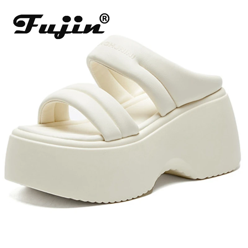 

Fujin 8.5cm Platform Wedge Retro British Women Fashion Mules Ins Hot Sell Genuine Leather Weave Sandals Shoes Slipper Summer