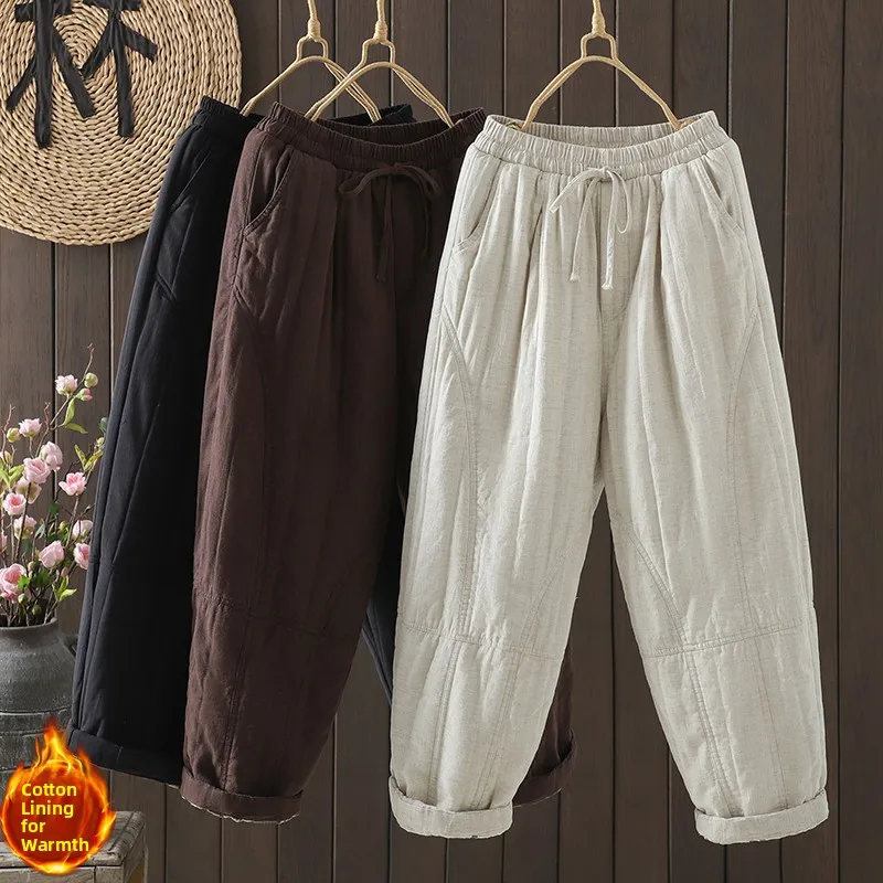 

Утепленные льняные хлопковые брюки для женщин с художественным цветным плетением внутри, теплые длинные брюки в ретро-стиле для зимы