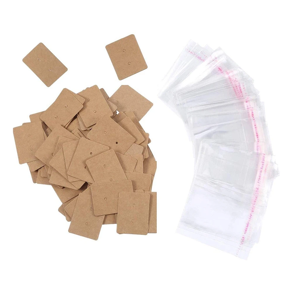 200 Pack Kraft Paper Earring Display Card Earring Stud Cards Tags with 200 Pack Self-Adhesive Bag