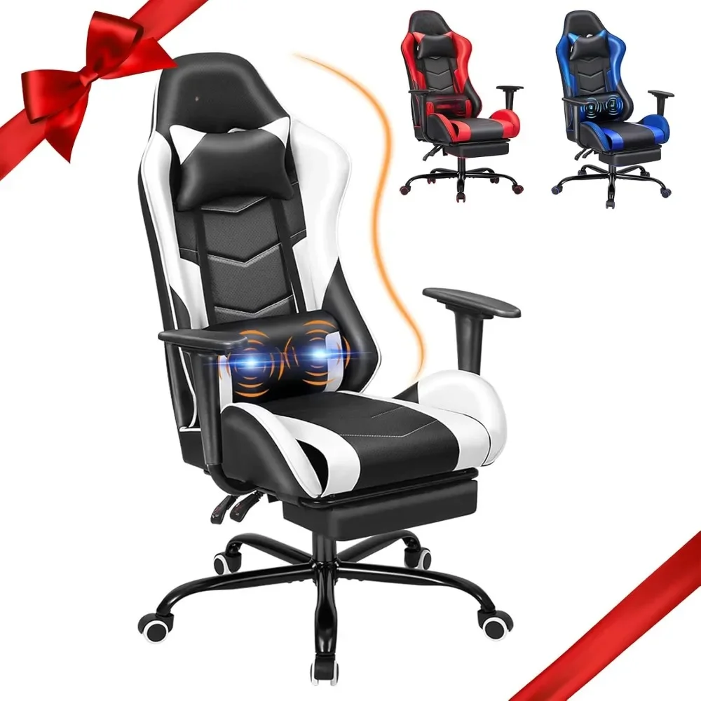 PC Massage Gaming Chair with Footrest Ergonomic Office Desk Chair Racing PU Leather Recliner Swivel Rocker, Gaming Chairs