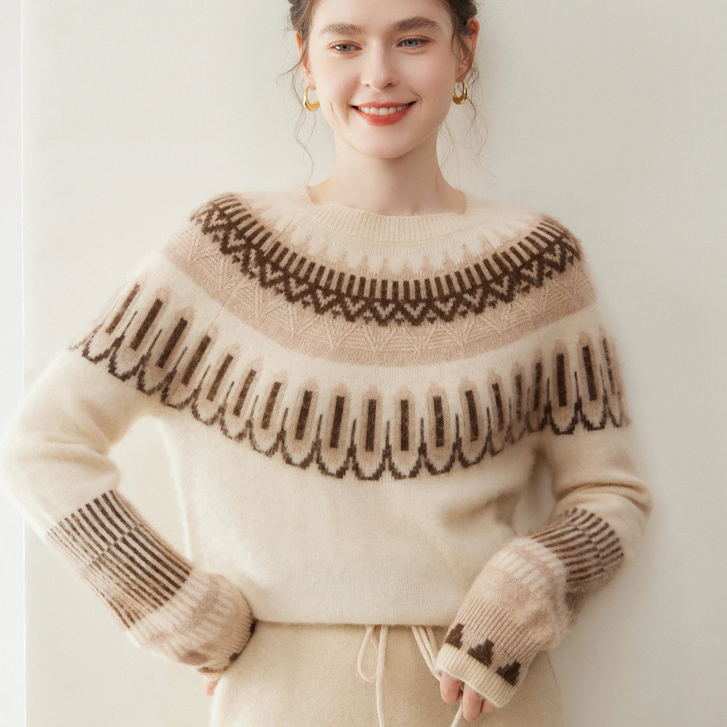 

Women O-Neck Jacquard Fair Isle Sweater Autumn Winter Cashmere Pullover Vintage Woman 100% Cashmere Sweater Knitted Top Clothes