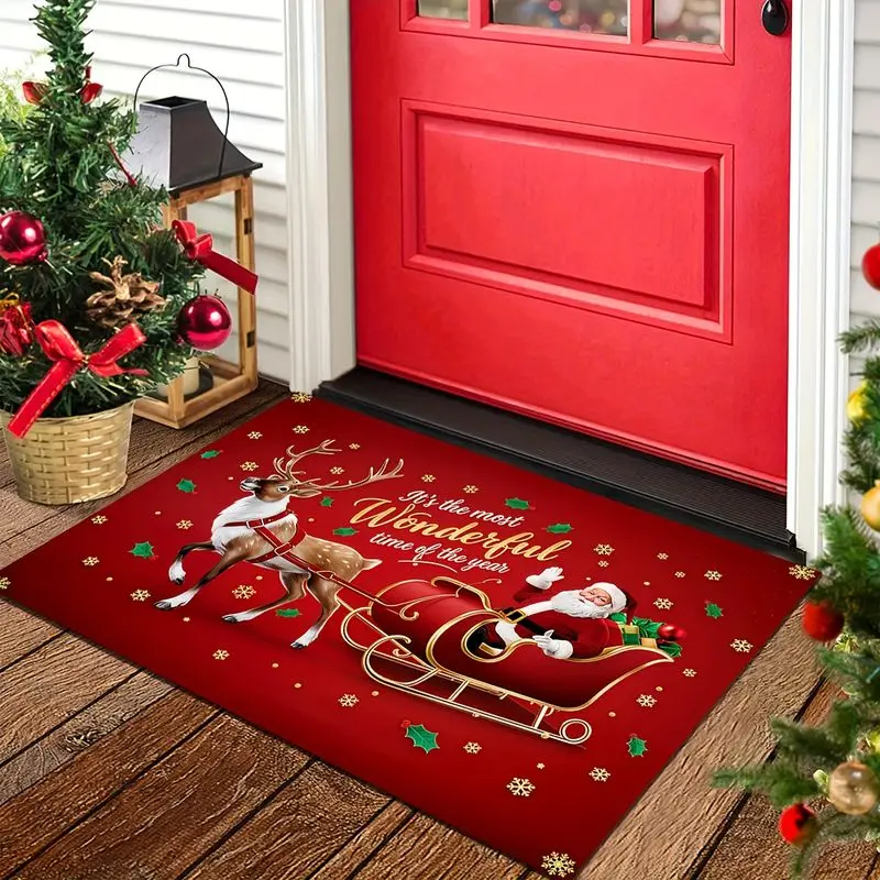 VIKAMA Santa Sleigh Reindeer Door Mat Most Wonderful Time Of The Year Gold Red Winter Entryway Rug for Front Door Home Decor
