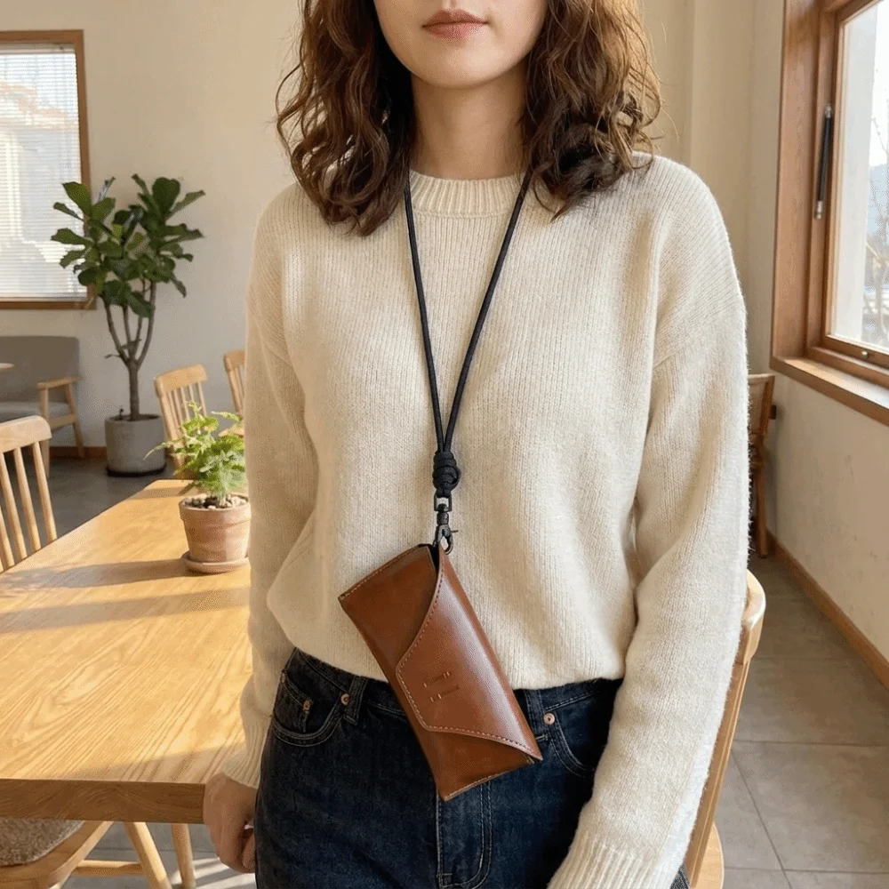 Solid Color PU Leather Glasses Bag Anti-Fall Sunglasses Pouch Glasses Storage Bag Hanging Neck Eyewear Protector Case