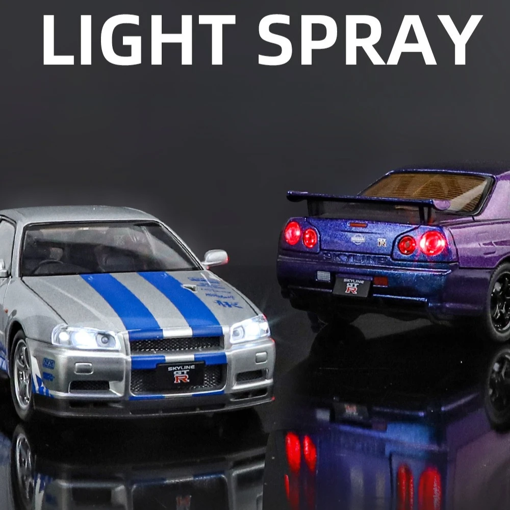 1:24 GTR R34 Skylin coche deportivo simulación Diecast Metal aleación modelo coche sonido luz tirar hacia atrás colección niños juguetes regalos