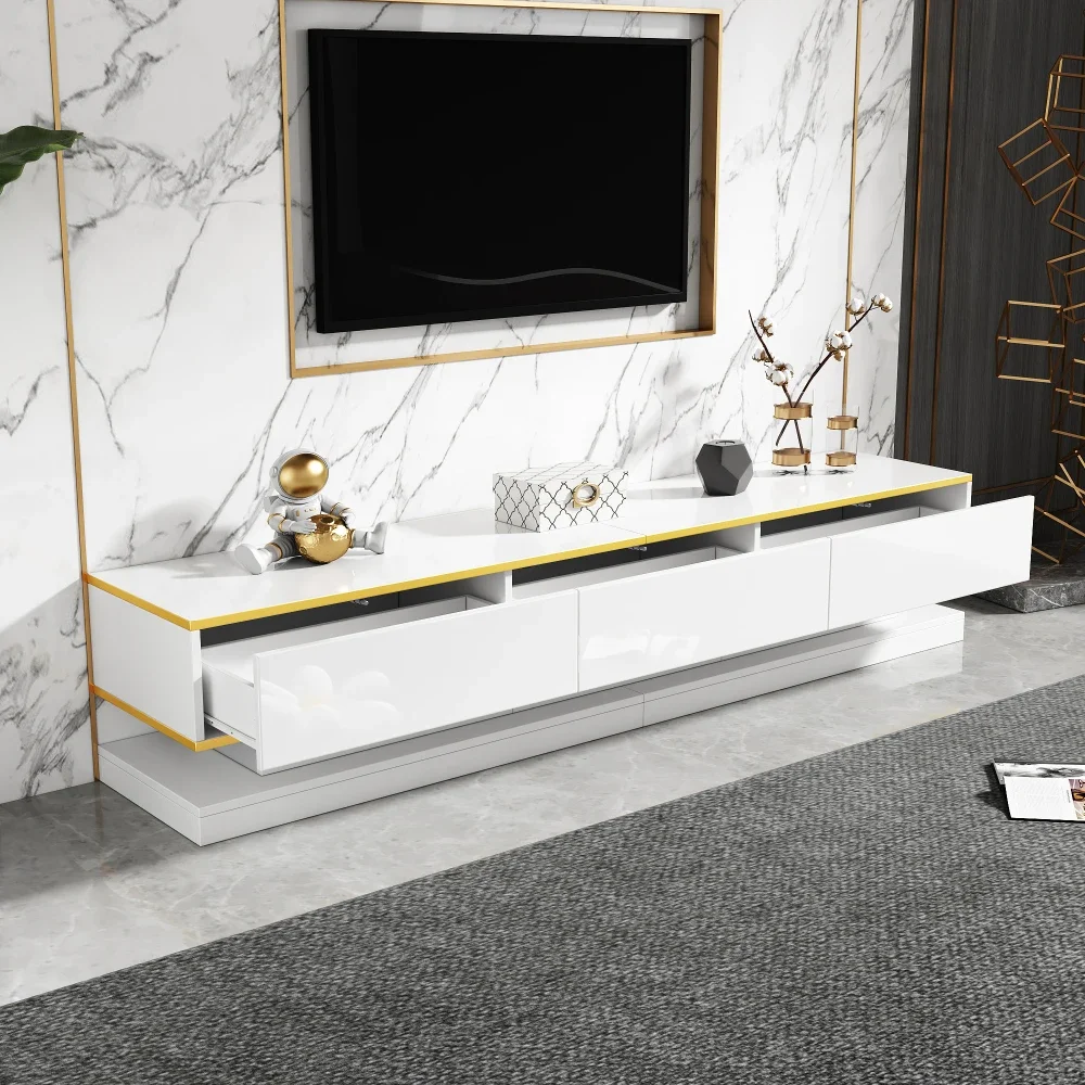 Moderner TV-Ständer mit 3 Schubladen, warmweißes Lowboard, goldener Rand, Wohnzimmer-Aufbewahrungsschrank – Detail 4