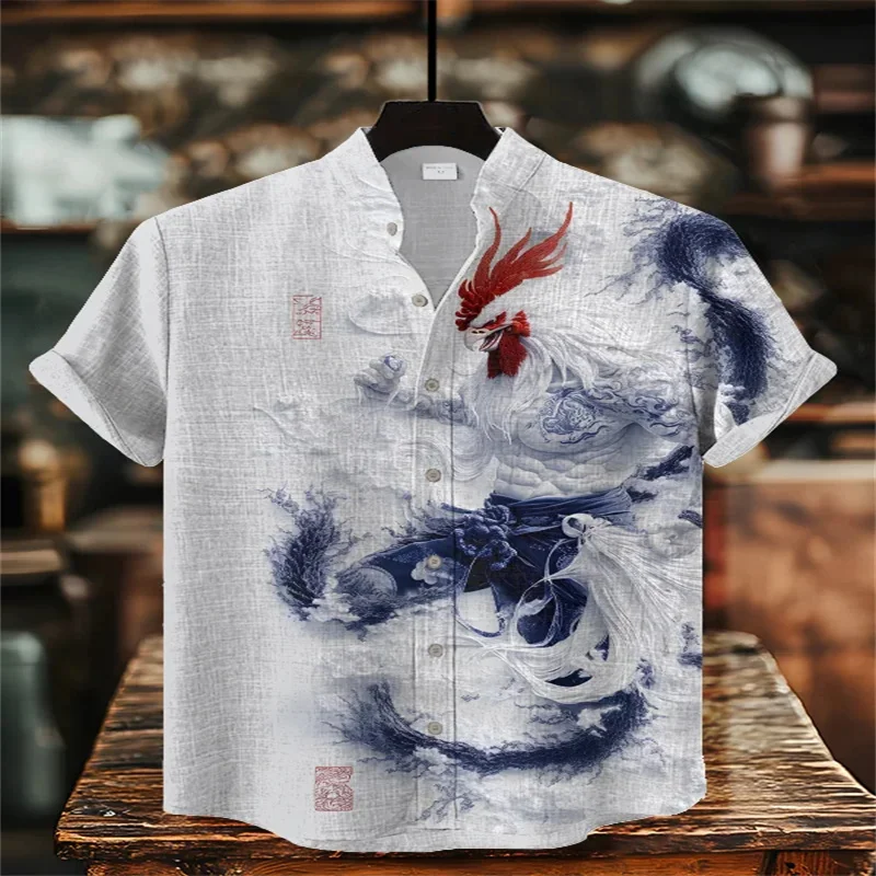 Summer casual men's retro print art shirt, short sleeve, stand collar, designer social wear, plus size 5XL