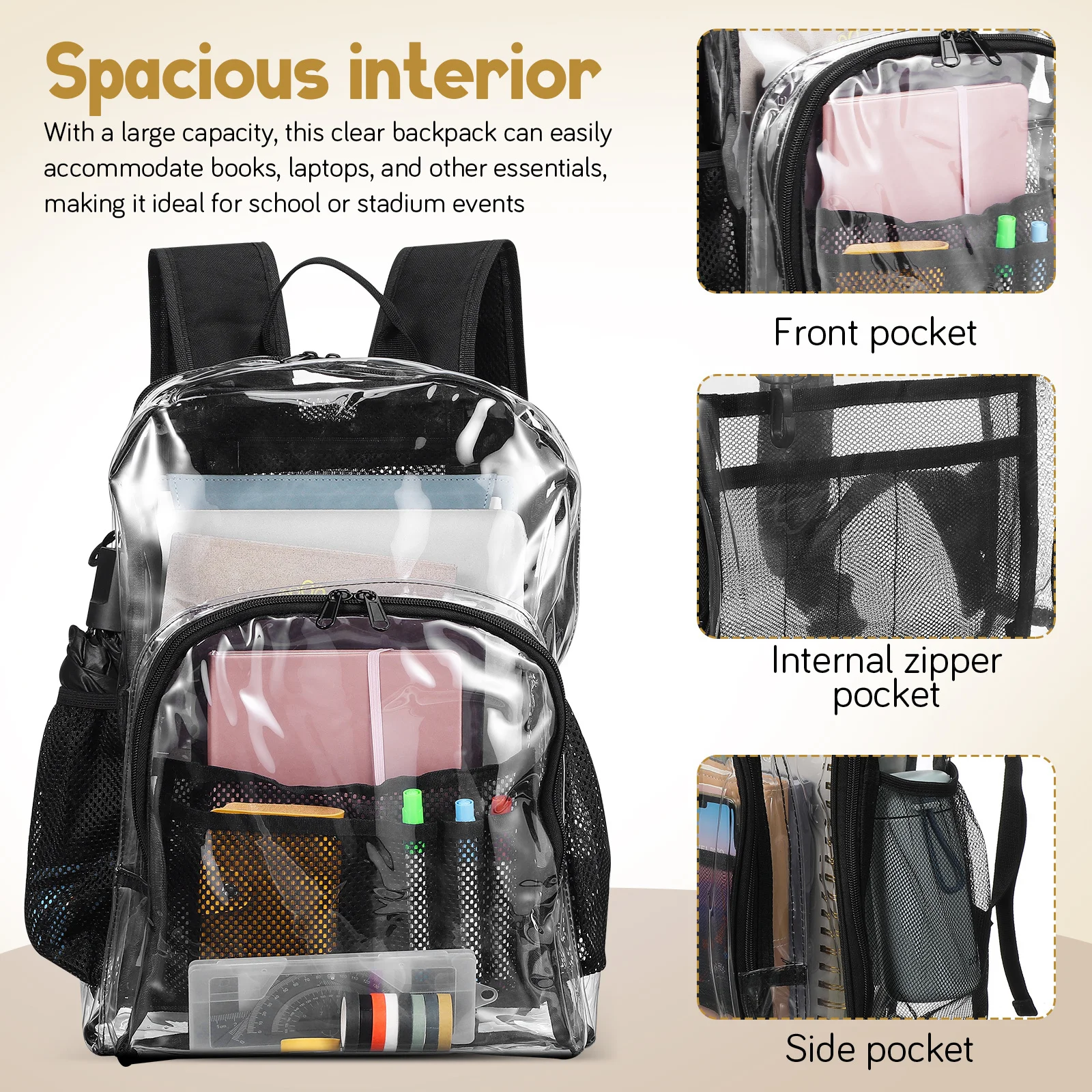 حقيبة ظهر شفافة مصنوعة من مادة PVC شديدة التحمل بسعة كبيرة، حقيبة شفافة لأحداث الملعب المدرسية، حقيبة كتب للكمبيوتر المحمول والسفر والعمل
