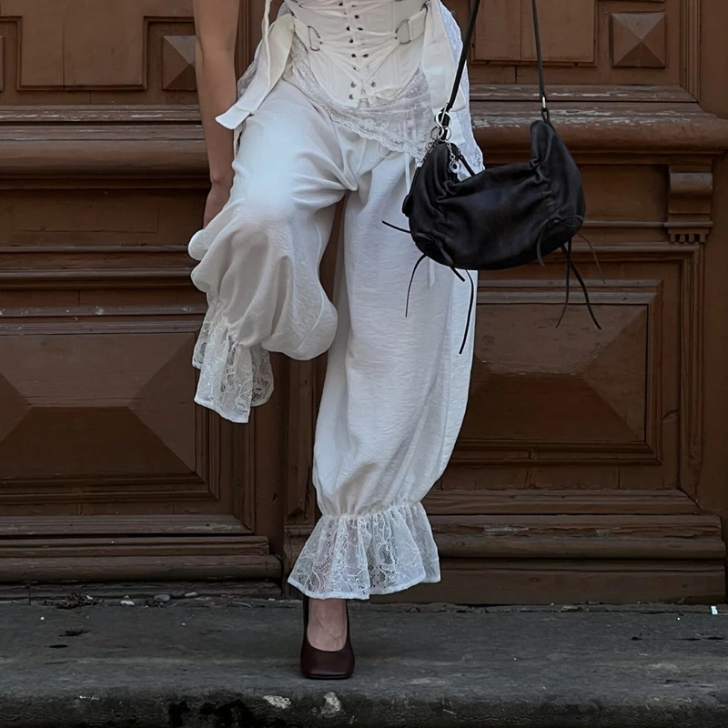 

Женские шикарные прозрачные рюши с цветочным кружевом и подолом в стиле пэчворк, шаровары, свободные укороченные брюки с эластичной резинкой на талии