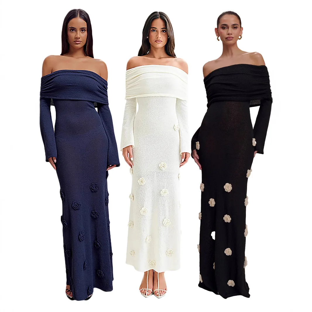 

2025 New Women's Fashion Sexy Three-dimensional Flower Long Skirt One Shoulder Knitted Dress Vestidos De Fiesta