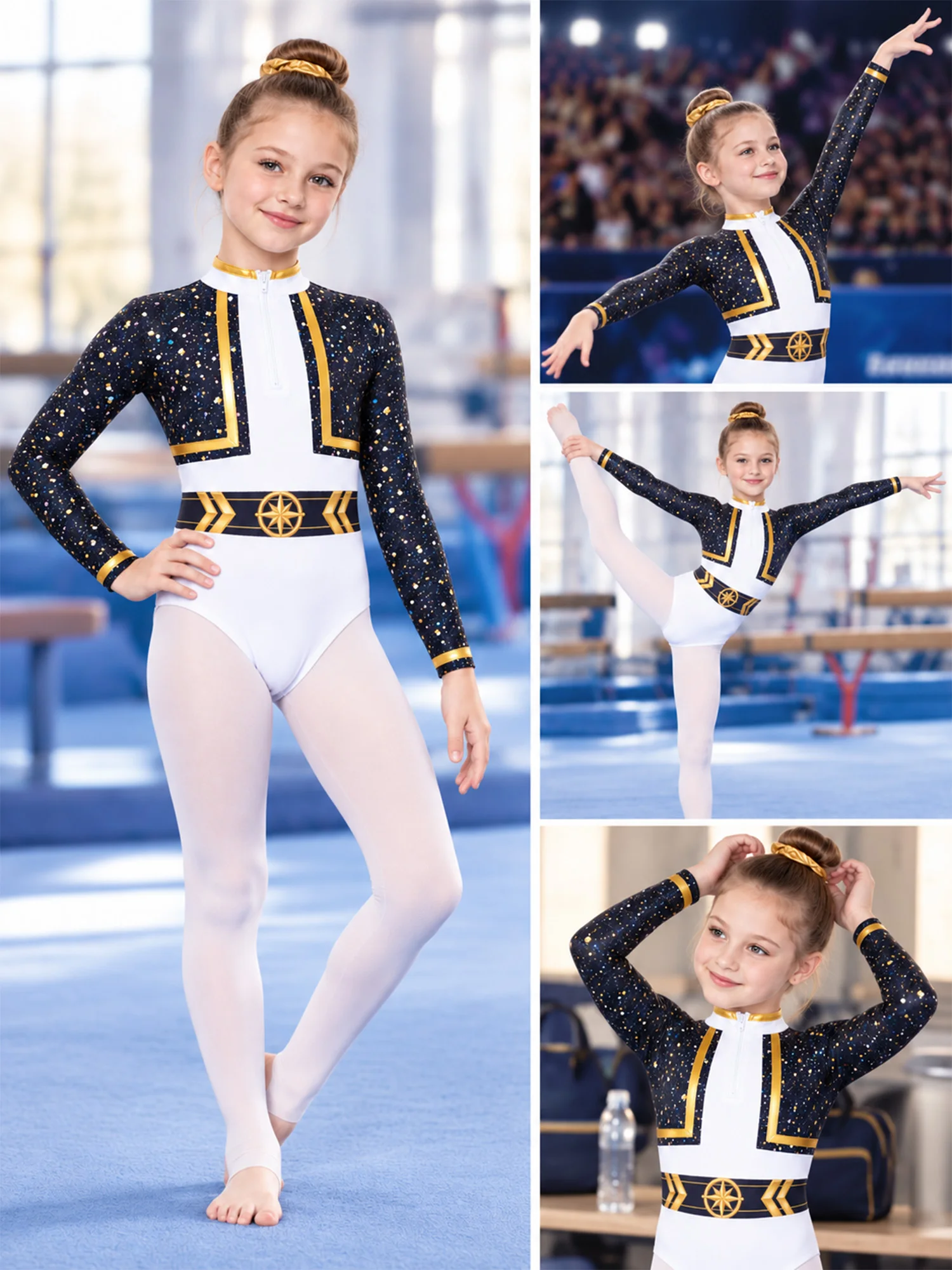 Kids Girls Printed Gymnastics Dance Leotard Long Sleeve Metallic Trim Color-blocked Bodysuit for Ballet Show Stage Performance