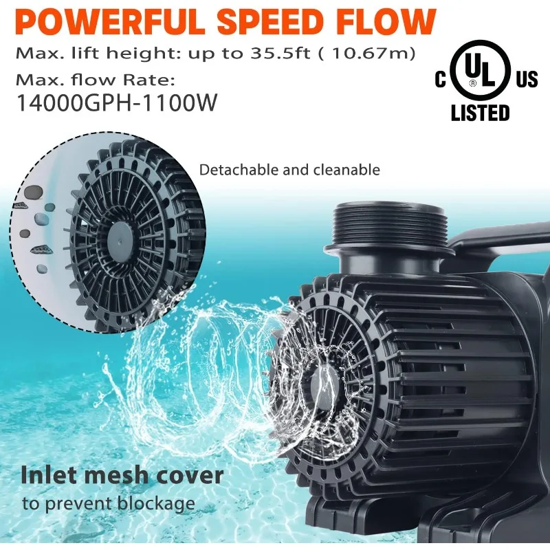 (12000GPH, UL Listed) PS- High Flow Submersible Water Pond Submersible Pump Water Fountain  Aquarium