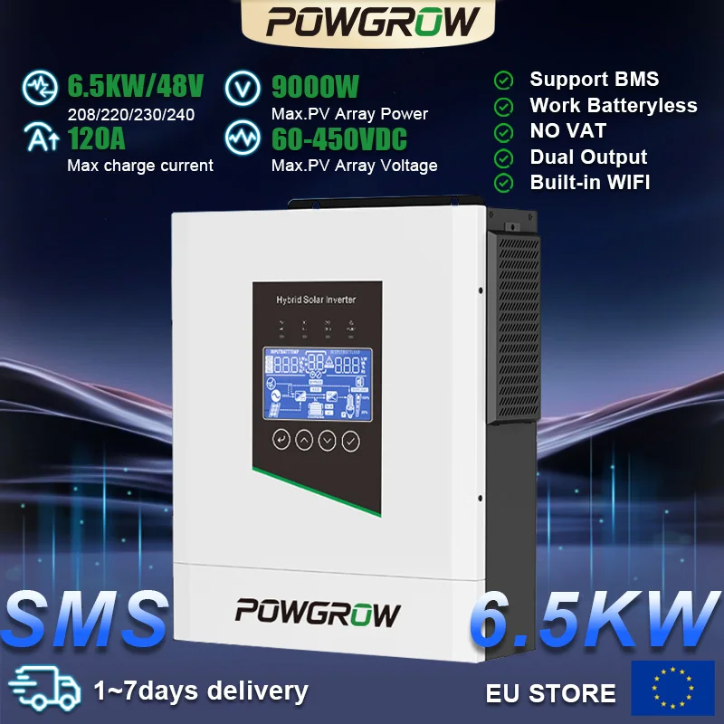 POWGROW 6.5KW 48V Hybride Solar Inverter 120A MPPT Solar Charger 220VAC Inverter PV Ingang 450VDC met Dubbele Uitgang Inclusief Wifi
