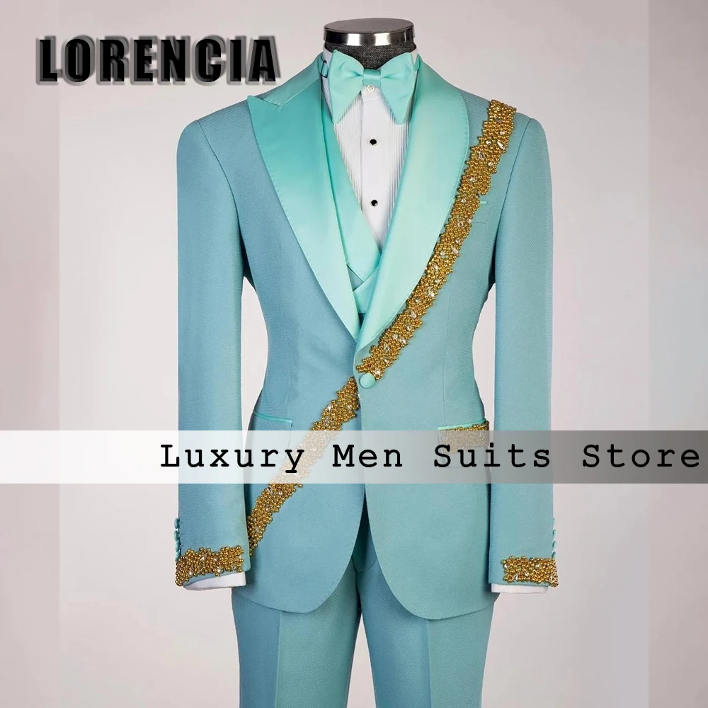 

Classic Beading Male Suits 3 Pieces Evening Party Outfits Peaked Label Tuxedos Customized Blazer Pants Vest costume homme luxe