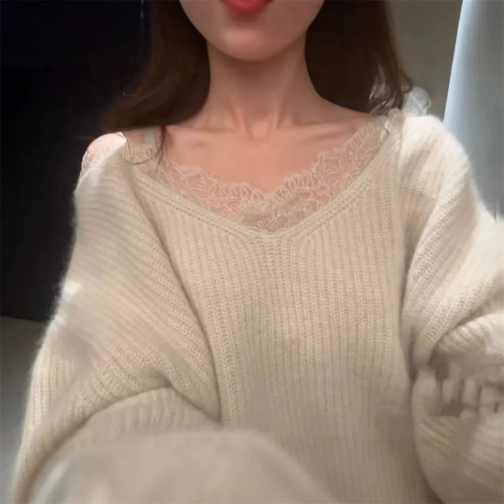 

Fashion Elegant Lace Patchwork Pullover Sweater Loose Casual Long Sleeve Pullover Female 2026 Autumn Winter Japanese Knitwear