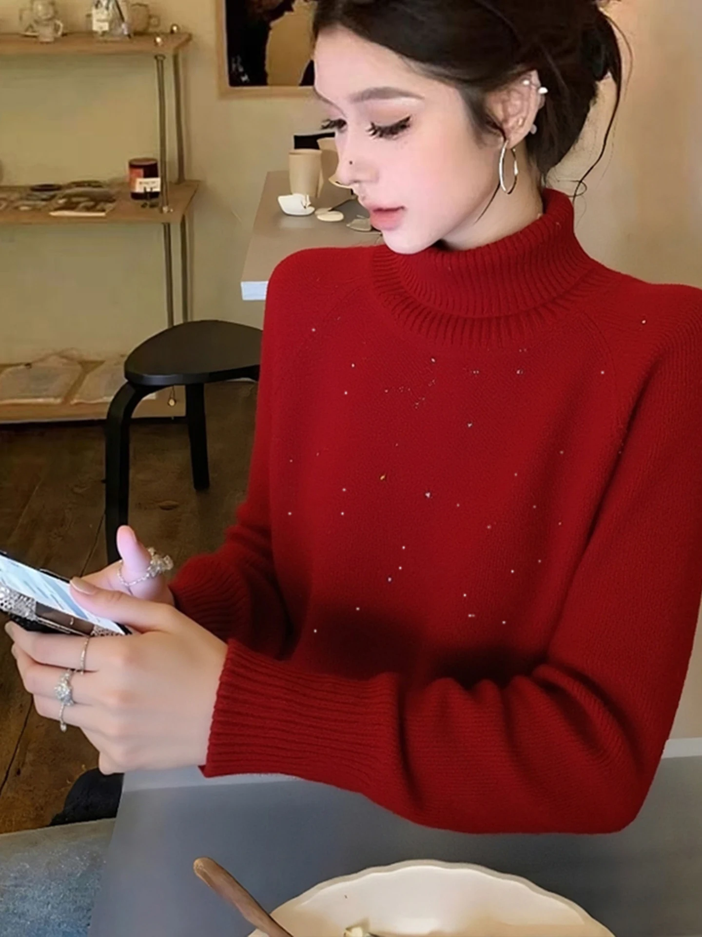 Cherry Red Camere Knitwear High Collar Long Sve Faionable Versatile Winter 2025 Inner Wear Korean Sle Loose Fit