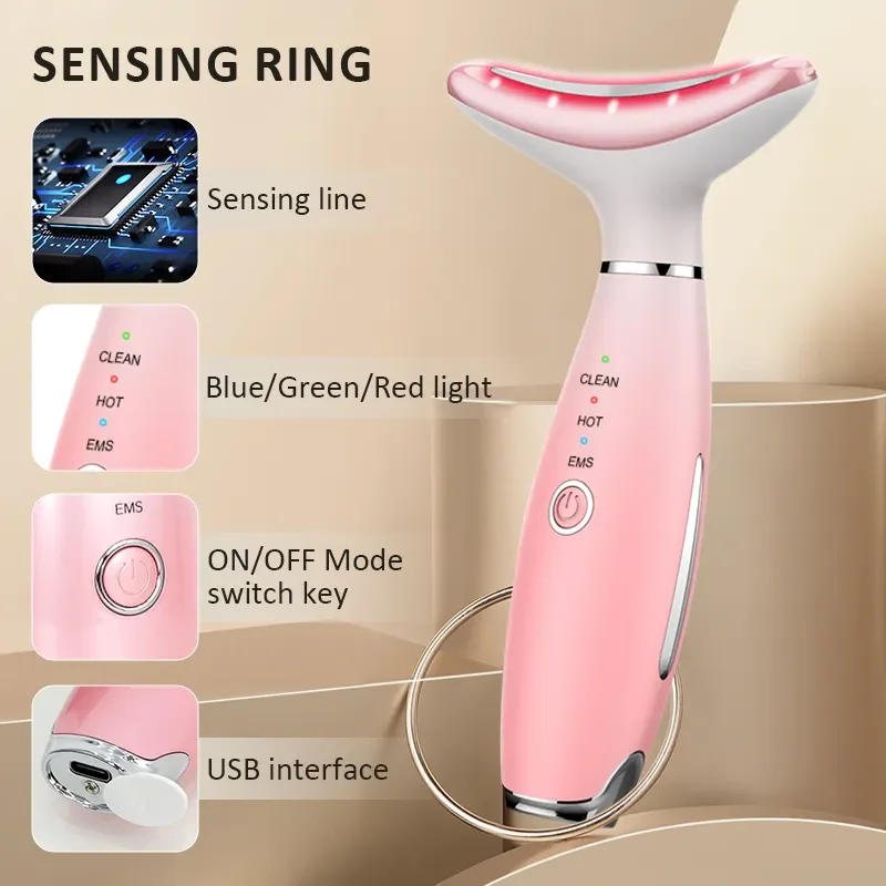 3 in 1 Neck Face Massager EMS Microcurrent Facial Beauty Device Neck Sculpting Tool LED Light Therapy with Thermal for Skin Care