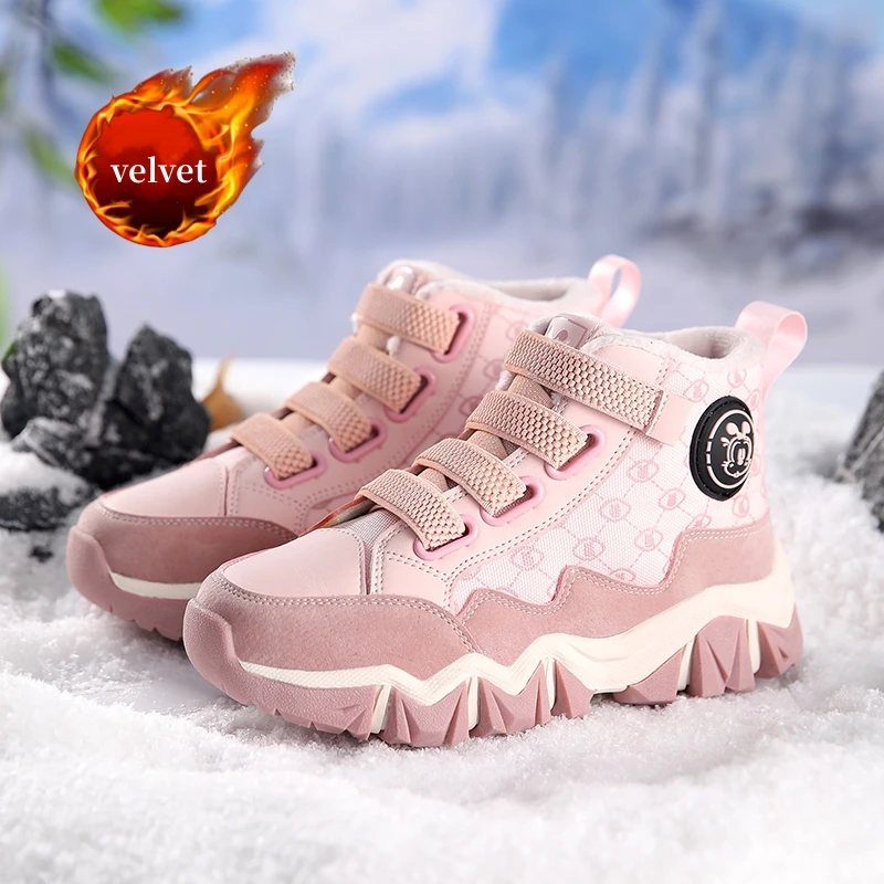 

Fashion Pink Winter Boots Girls Snow Boots Outdoor Non-slip Platform High Top Sneakers Kids Warm Velvet Children's Hiking Shoes