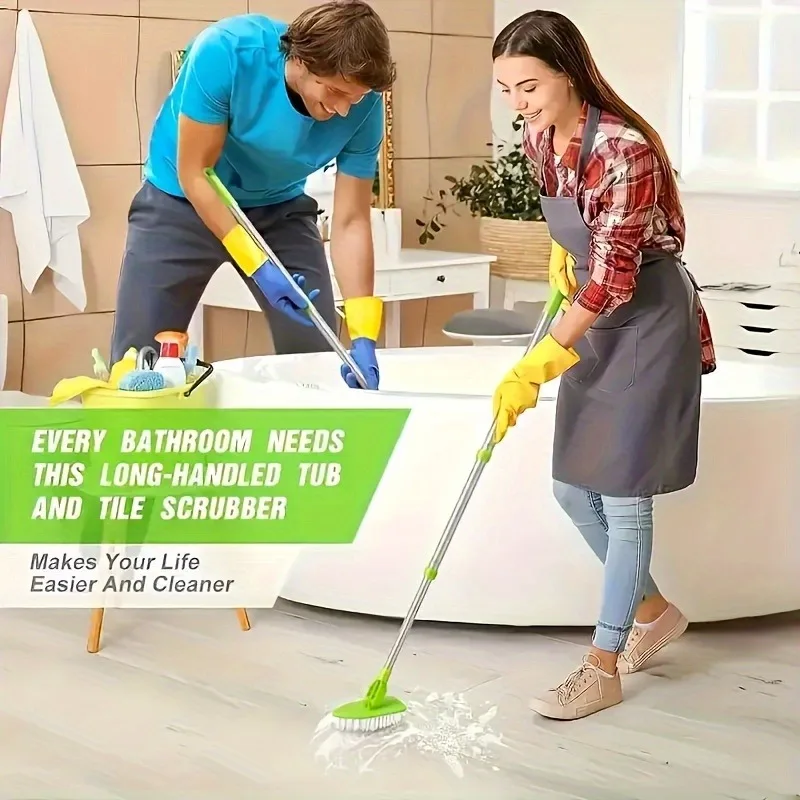 1 Set, 2-in-1 Bathroom Scrubber and Cleaning Brush, Telescopic Handle - Includes 1 Bristle Brush Head & 3 Sponge Attachments