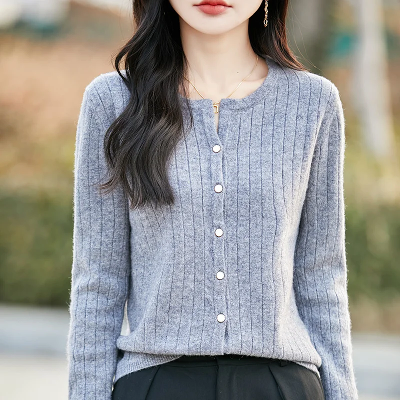 Moda donna tinta unita O-Collo maniche lunghe bottone 100% lana merino cardigan maglione di cashmere abbigliamento morbido comfort caldo top