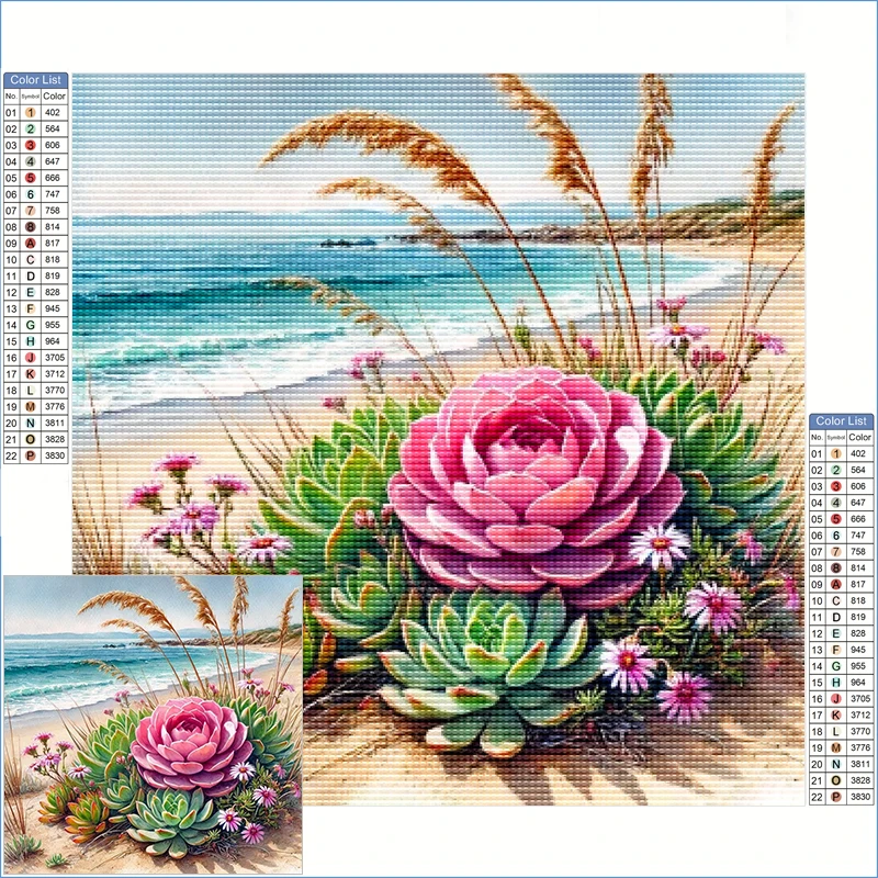 

Diamond Painting 2025 New Collection Diamond Art Full Crystal Pink Rose And Green Succulent On The Beach Mosaic Stitch Productos