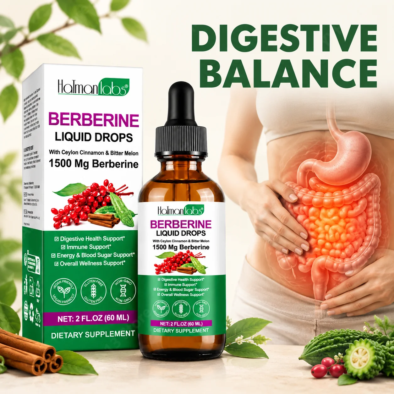 Berberine Drops Promote Digestive Balance and Maintain Metabolic Health Ceylon Cinnamon and Bitter Melon Extract 60ml 60 Days