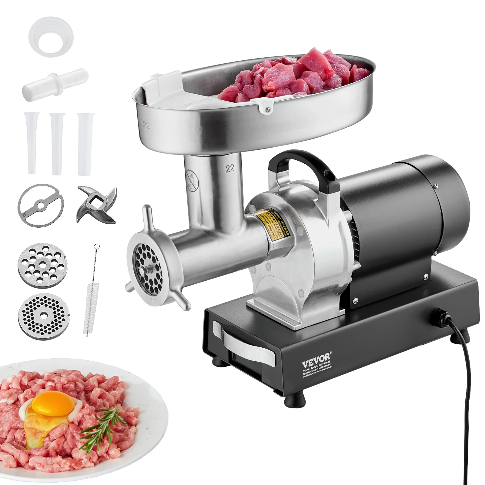 VEVOR Stainless Steel Commercial Meat Grinder, 14 Lbs/Min Capacity Electric Meat Grinders w/Blade, Grinding Plate, Sausage Maker