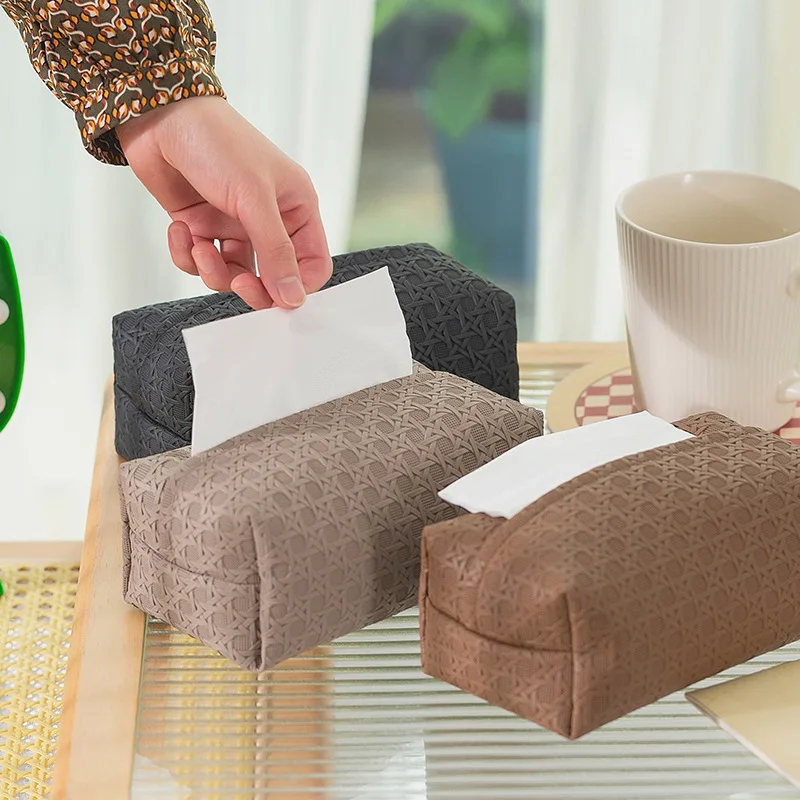 Light Luxury High Grade Rattan Woven Tissue Box Waterproof Leather Paper Storage Box Living Room Bedroom Large Capacity Leather