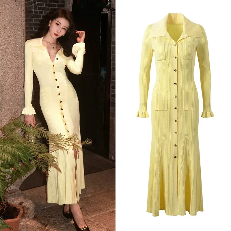 Cream Yellow Women's Knitted Dress 2025 Spring/Autumn Women's New Fashion Flip Collar Single Breasted Long Sleeved Dress