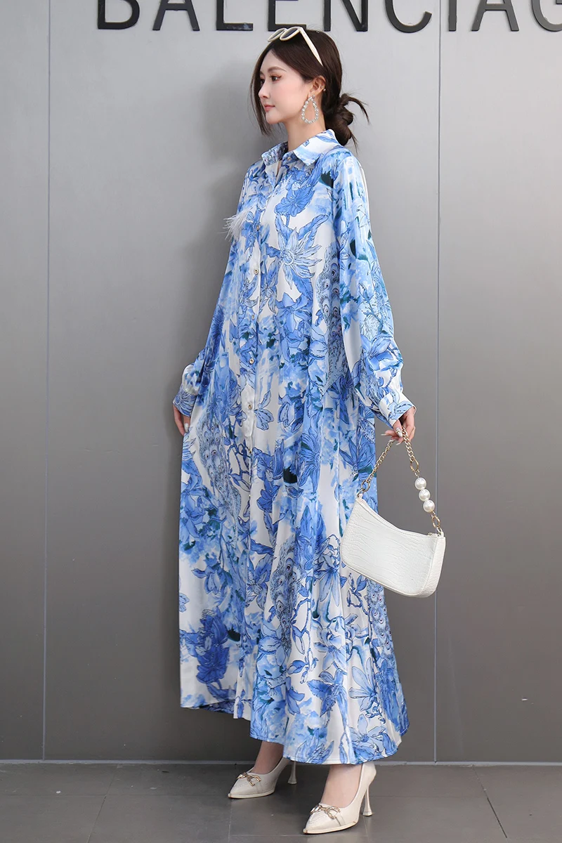 2025 Spring New Fashion Elegant Printed Loose Shirts Long Dress Women Long Sleeve Dress Female Wholesale J722