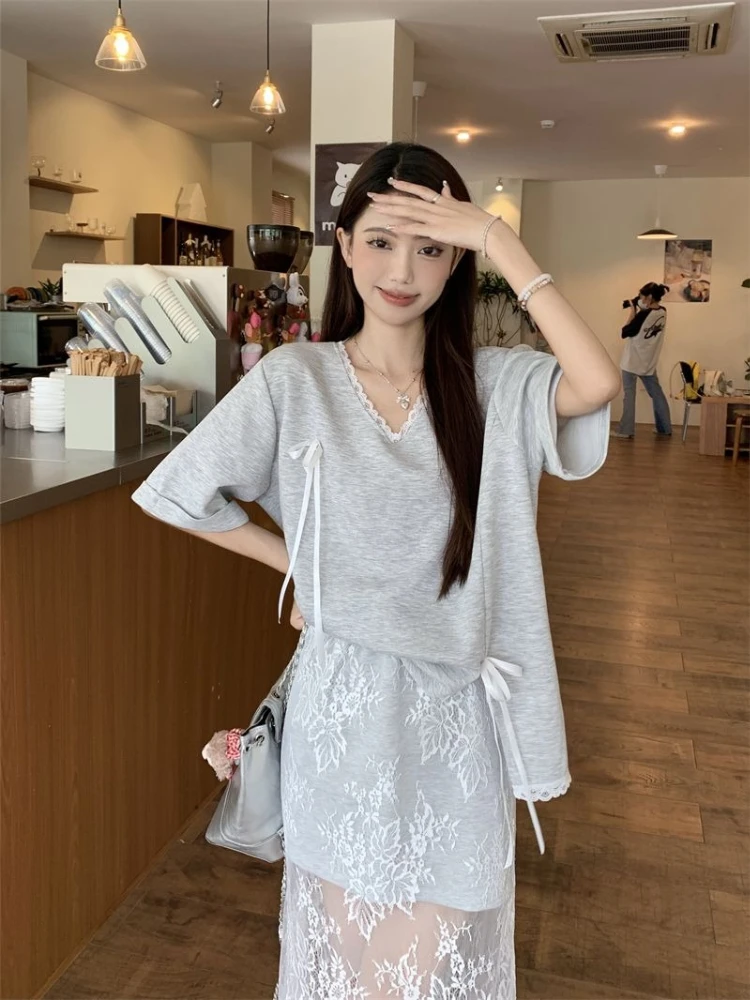 

Women's Two Piece Set Casual Versatile Short Sleeve Top Bow V Neck Lace Patchwork Midi Skirt Loose Fashionable Outfit
