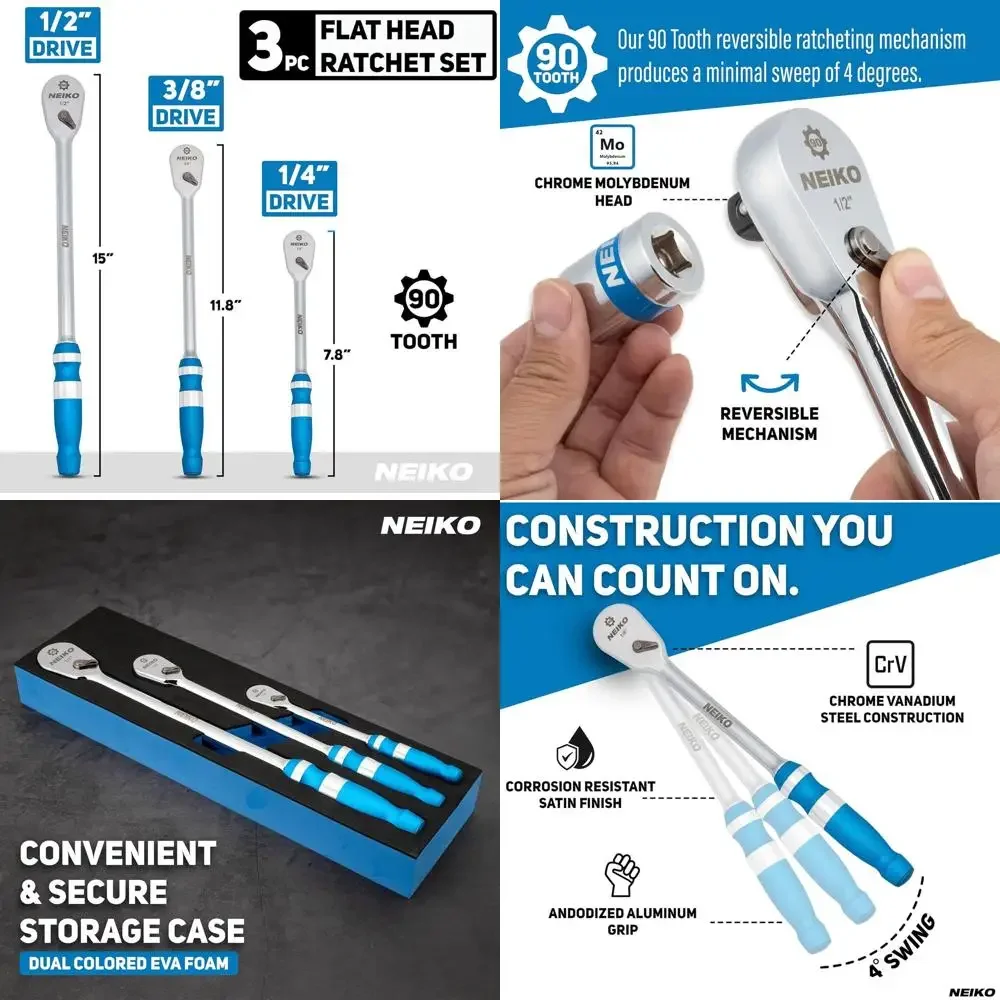 

03006A Набор храповых механизмов с плоской головкой — 3-х предметный низкопрофильный привод 1/4, 3/8, 1/2 дюйма, 90 зубьев, ручка с анодированной текстурой, длинная ручка