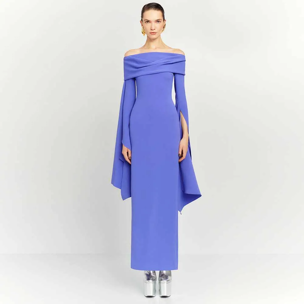 

Formal Women's Cocktail Dresses Jersey Sheath/Column Birthday Dress Blue Off-the-shoulder Draped Ruffles Evening Dress Long