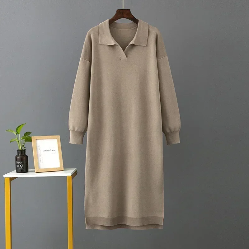 Winter Warm Thick Knit Loose Dress Women Sweater Split Dress Fashion Autumn Korean Ladys Polo Neck Casual Oversized Soft Dresses