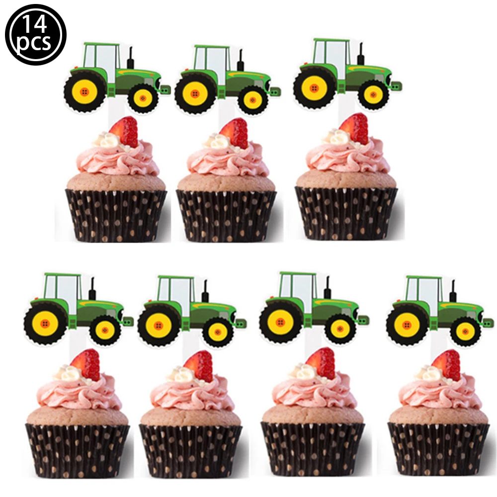 Green Tractor Happy Birthday Cake Topper and Cupcake Toppers for  Baby Shower Farm Vehicle Green Tractor Birthday Party Supplies