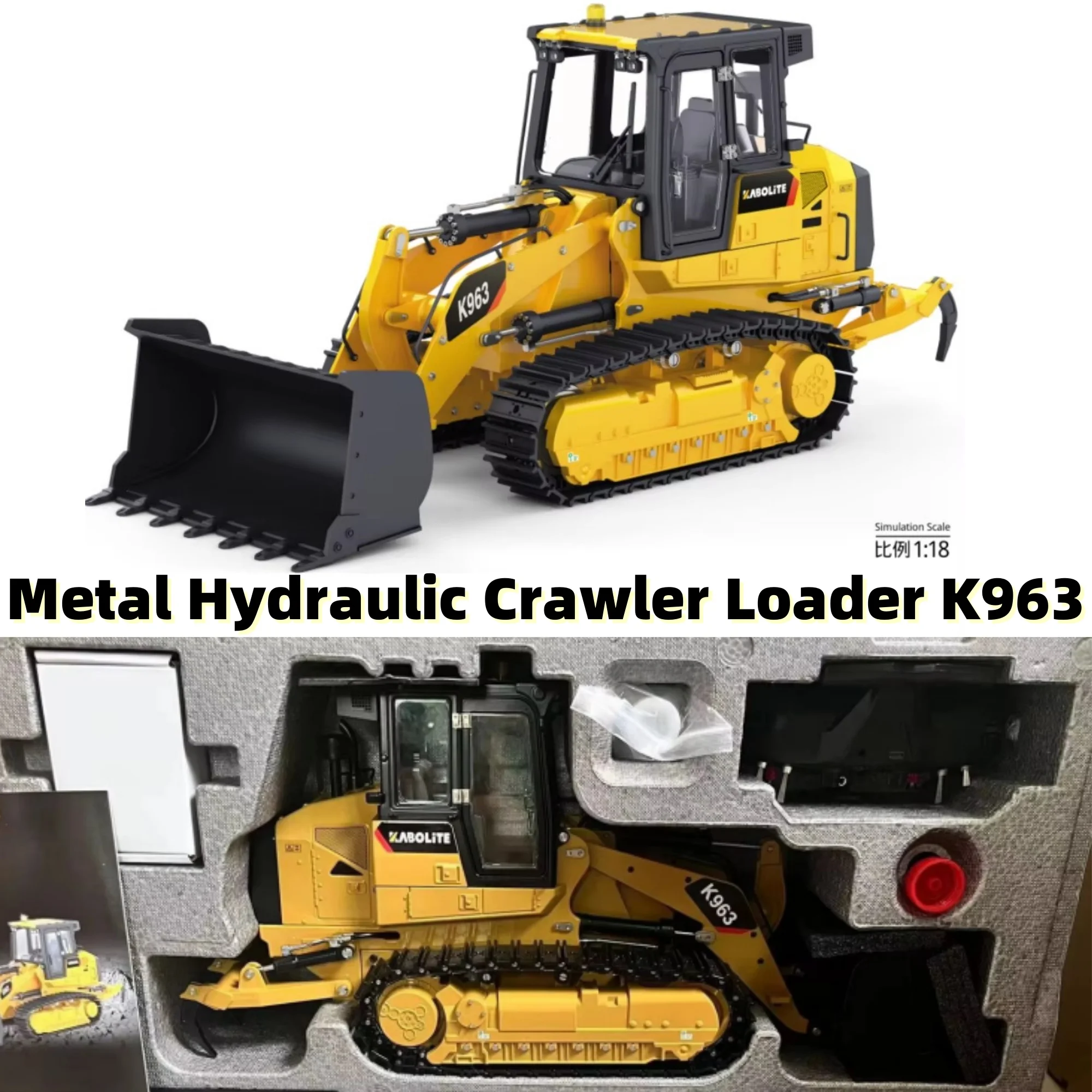 RC 1/18 Caricatore cingolato idraulico in metallo K963 con gruppo leggero Aratro posteriore Doppio motore Crawler KABOLITE Modello in metallo Pre-vendita