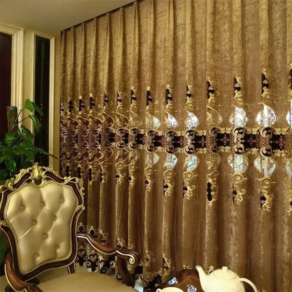 Golden Brown Chenille Embroidered Flannelette Curtains Living Room Bedroom French Window Villa Custom Sample Finished Valance