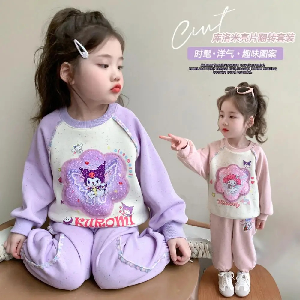

Sanrio New Girls Spring Kuromi Leisure Sports Hoodie Sequins Two-Piece Kawaii Child Sports Pants Cartoon Sweatshirt Set Pullover