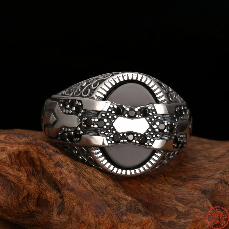 

BOCAI S925 Sterling Silver Rings for Men Women Eternal Rattan Pattern Inlaid Black Agate Fashion Gift Fine Jewelry Wholesale