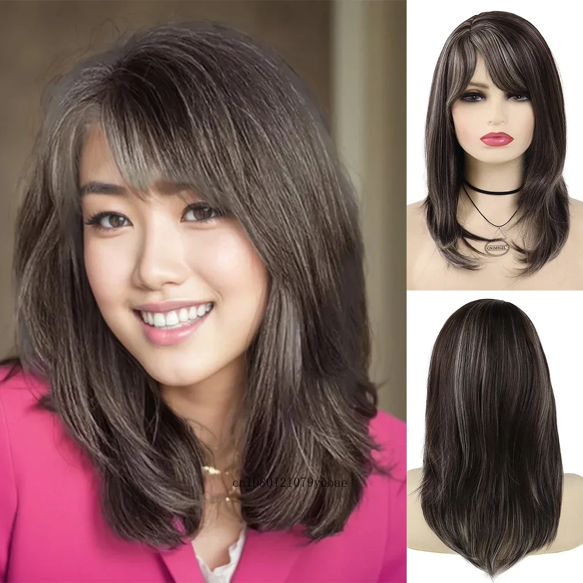 Synthetic Hair Mix Brown Wig for Women Lady Medium Length Bob Straight Wigs with Bangs Heat Resistant Fiber Daily Party Costume