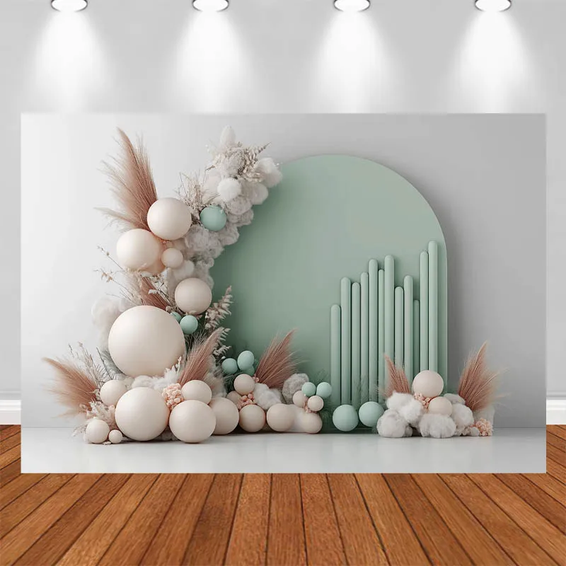 

LS Photography Background Forest Green Arch Balloon Floral Decor Birthday Cake Smash Kids Portrait Photo Backdrop Studio