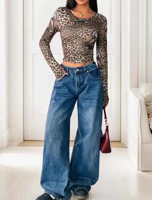 

Y2K Tops Women 2025 Spring New Retro Leopard Pattern Slim Fit Round Neck Long Sleeve Casual Versatile Daily T-Shirt for Women