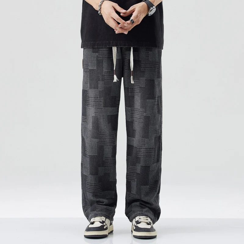 

Luxury Quality Retro Blue Cotton Plaid Men's Jeans Hip Hop INS Loose Wide Leg Denim Pants Jacquard High Street Y2K Trousers Male