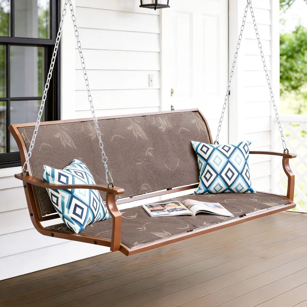 Heavy Duty Porch Swing Outdoor, 900LBS Capacity Textilene Hanging Bench Swing Chair with Extended Chains, 3-Seat Patio